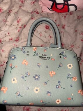 COACH Light Blue Floral Leather Satchel